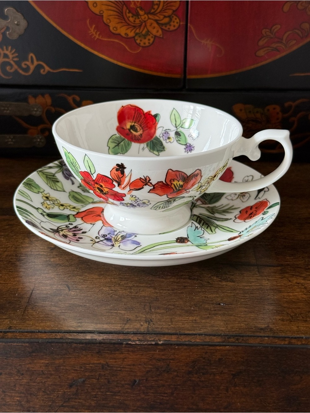 Stechcol Gracie Bone China Red Poppy Teacup and Saucer Set NWOT